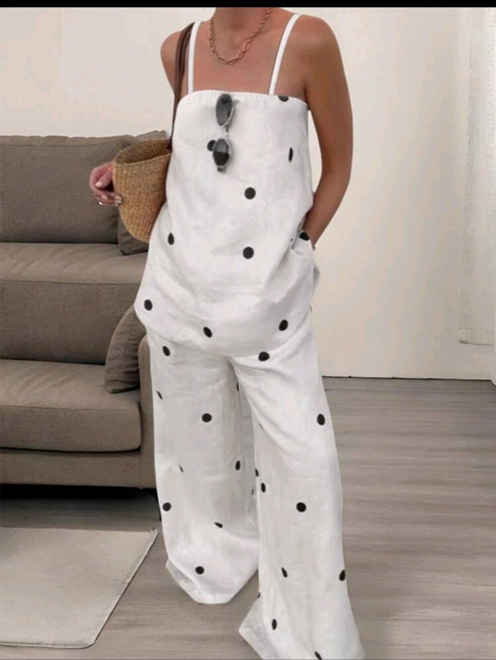 Women’s White Polka Dot Wide-Leg Jumpsuit